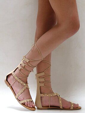 New Womens Beige Studded Lace Up Gladiator Sandals